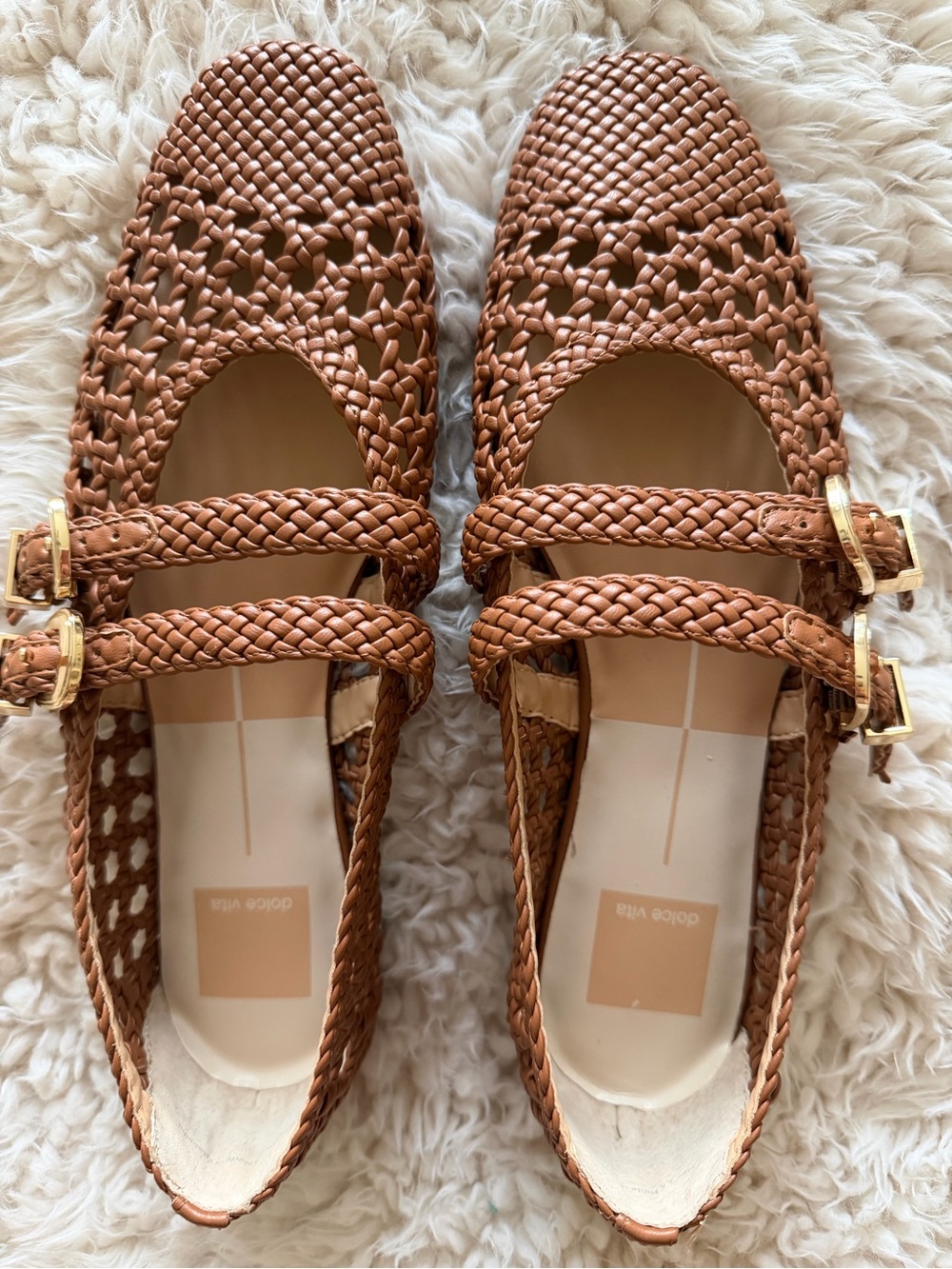 Dolce Vita Braided Double-Strap Mary Jane Flats in Cognac Brown NEVER WORN